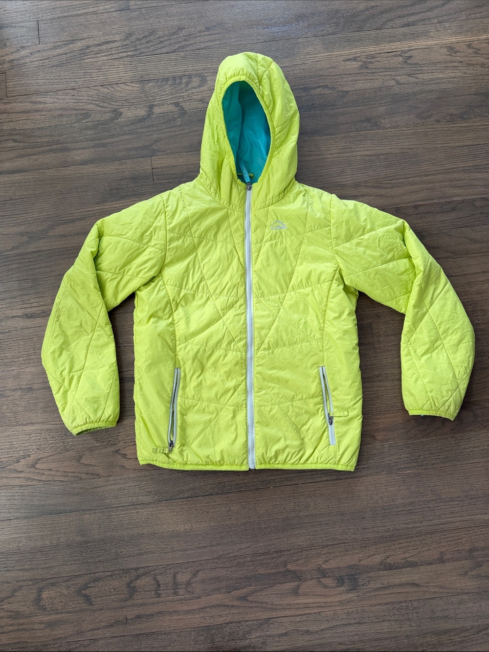 L.L. Bean Kids Hooded Puffer Jacket in Lime Green with Teal Lining